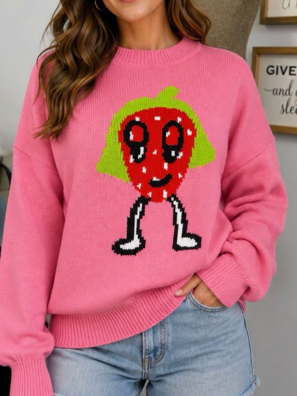 ASOS Pink Strawberry Graphic Knit Sweater Size S